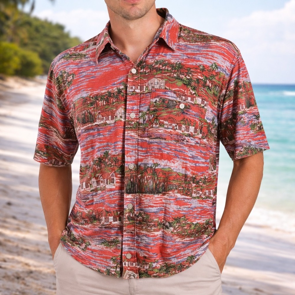 Island Republic Hawaiian Aloha Shirt 2XL Beaches Huts Boats Palms Island Red